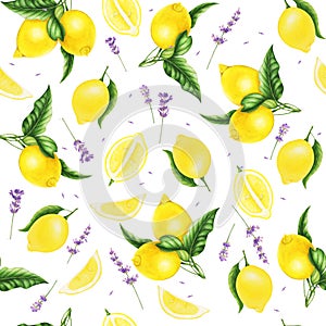 Seamless pattern with lemons, leaves and lavender, watercolor painting.