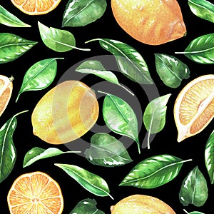 Seamless pattern with lemons and leaves. Whole fruit and cut. Watercolor illustration. Isolated on a black background