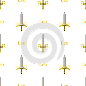 Seamless pattern with Leo zodiac sword sign. Cartoon zodiacal weapon. Astrological, horoscope sign. Vector illustration for design