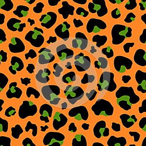 Seamless pattern Leopard print . Leopard orange background with green spots vector illustration