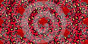 Seamless pattern with leopard print and red roses. Vector background with animal skin and flower texture. For printing