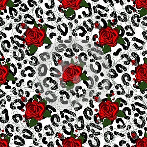 Seamless pattern with leopard print and red roses. Vector background with animal skin and flower texture. For printing on fabric,