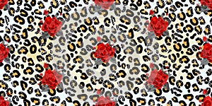 Seamless pattern with leopard print and red roses. Vector background with animal skin and flower texture. For printing on fabric,