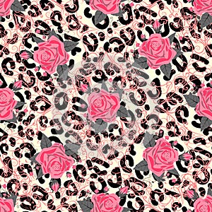 Seamless pattern with leopard print and roses. Vector background with animal skin and flower texture. For printing on fabric,