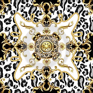 Seamless pattern with leopard skin and golden baroque elements. Vector.