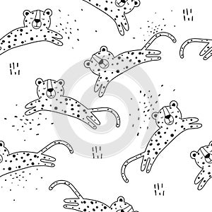 Seamless pattern with leopards. Decorative cute background with funny animals