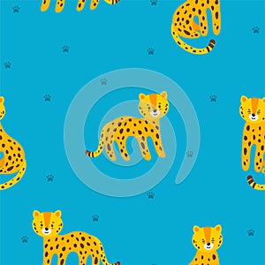 Seamless pattern with leopards and paw prints. Vector illustration in flat style