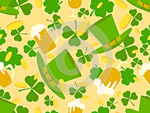 Seamless pattern with leprechaun hat, green clover leaves, glasses of beer and gold coins for St. Patrick\'s Day