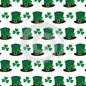 Seamless pattern of Leprechaun hats with ribbon buckle and shamrocks. St. Patrick background texture