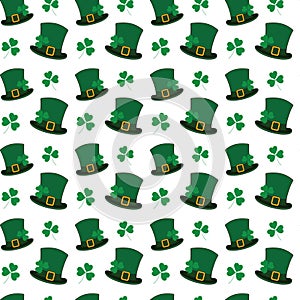 Seamless pattern of leprechaun hats and shamrocks in trendy green. St. Patricks backdrop concept