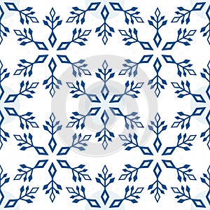 Seamless pattern from light blue snowflakes on a white background. Abstract geometric winter shapes, vector illustration