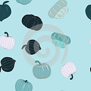 Seamless pattern with light blue and teal pumpkins