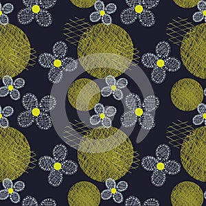 Seamless pattern with light gray openwork flowers and openwork yellow circles