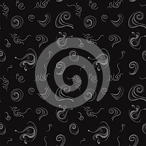 Seamless pattern light gray smoke on a black background. Curls and puffs of smoke. Vector illustration