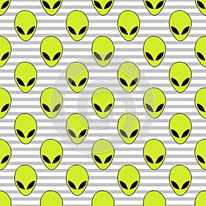 Seamless pattern in light gray and white a thin strip bright green alien head.