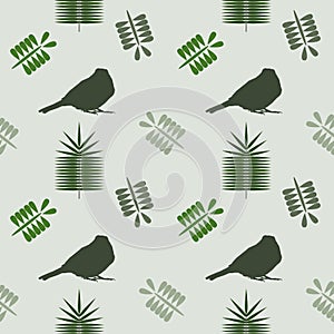 Seamless pattern on a light green background. the pattern consists of icons of a sparrow and different leaves