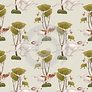 Seamless pattern on a light green background. Hound dogs run through the forest, hunt.