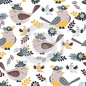 Seamless pattern with light pink birds and flowers- vector illustration, eps