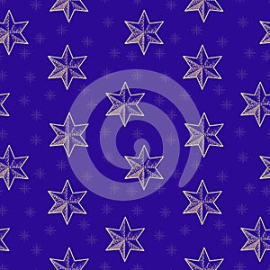 Seamless pattern, light stars on dark blue background square pattern