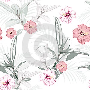 Seamless pattern, light vintage colors Ficus Elastica leaves and hibiscus flowers on white background.