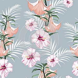 Seamless pattern, light vintage colors palm leaves and hibiscus. tropical lilies flowers on vintage blue background.