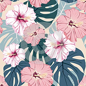 Seamless pattern, light vintage colors, palm monstera leaves and hibiscus flowers on dark peach background.