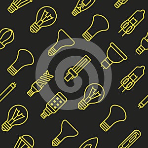 Seamless pattern with lightbulb flat line yellow icon on black background.