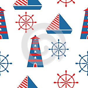 Seamless pattern with lighthouse, sail boats and ship wheel. Simple flat illustration. Cartoon style. Sea graphic elements. For po