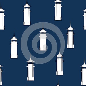 Seamless pattern lighthouse silhouette on navy blue background. Marine weather elegant repetition motif, vector eps 10