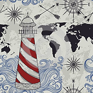 Seamless pattern with lighthouse, waves, compass, world map and wind rose
