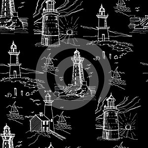 Seamless pattern with lighthouses. Graphic hand-drawn illustration. Print, textile, paper, background. Vintage, retro,