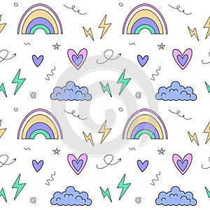 Seamless pattern of lightning, hearts, rainbow, cloud