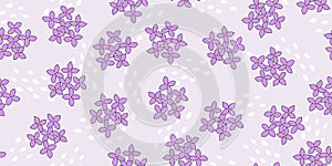 Seamless pattern with lilac, hydrangea or bluet flowers and abstract drops on violet, vector