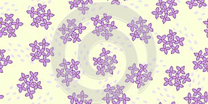 Seamless pattern with lilac, hydrangea or bluet flowers and abstract drops on yellow, vector