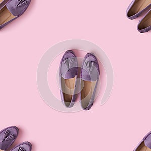 Seamless pattern of lilac suede mocassin shoes over pink background