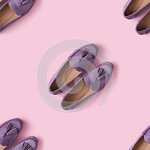 Seamless pattern of lilac suede mocassin shoes over pink background