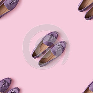 Seamless pattern of lilac suede mocassin shoes over pink background