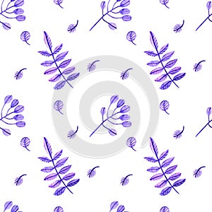 Seamless pattern with lilac watercolor plant elements on white b