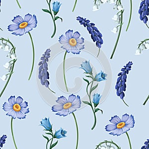 Seamless pattern with lilies of the valley and other flowers. Vector.