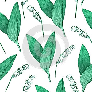 Seamless pattern with lilly of the valley flowers. Vector illustration in retro etching style