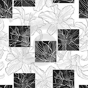 Seamless pattern with lily flowers on white background. Modern floral illustration. Black and White
