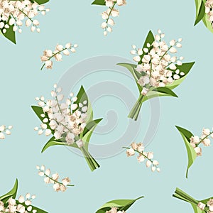 Seamless pattern with lily of the valley flowers on a blue background. Vector illustration photo