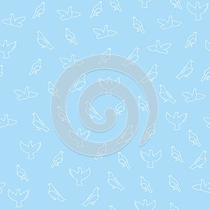 Seamless pattern, line art doves. elegant pigeon on blue background