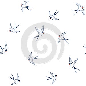 Seamless pattern of line art flying barn swallows birds