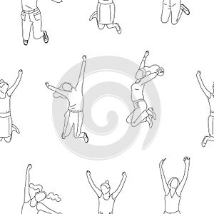 Seamless pattern with line art jumping girls in business clothes