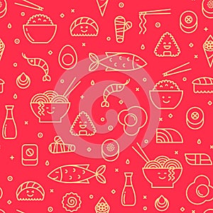 Seamless pattern with line icons of japanese food