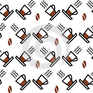 Seamless pattern with linear icons. Simple background with Ñup, espresso, vapour and a grain of coffee.