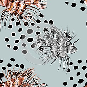 SEAMLESS PATTERN WITH LION FISH ON NEUTRAL GRAY BACKGROUND