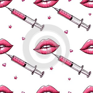 Seamless pattern of lip augmentation procedure. Lips injection of hyaluronic acid. Beauty clinic concept. Hand drawn