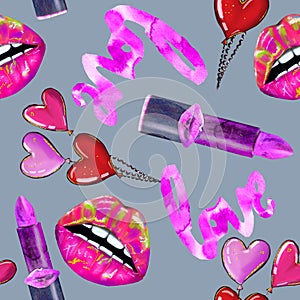 Seamless pattern with lipstick and juicy lips on grey background